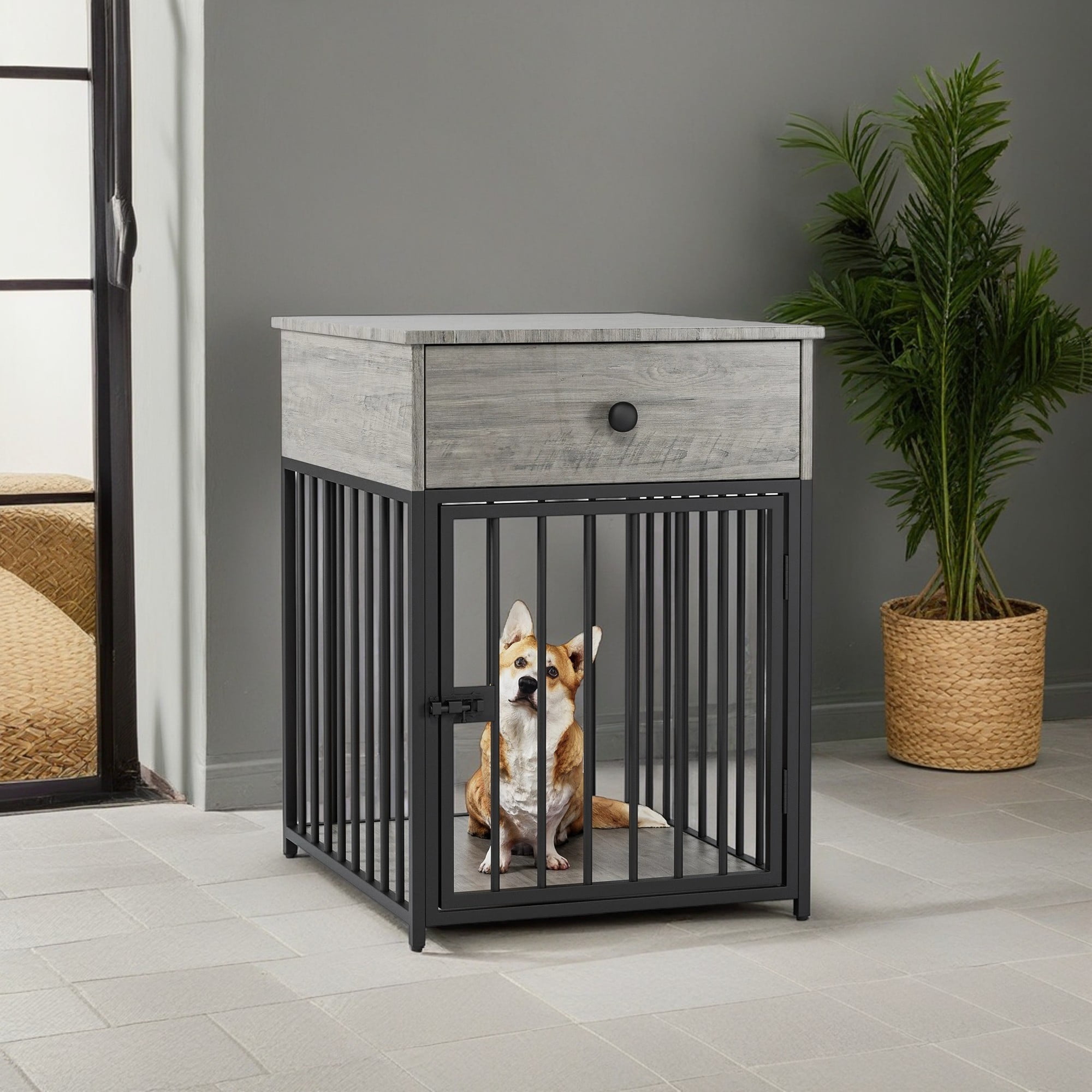 Gray and Black Small Dog Crate Table with Drawer