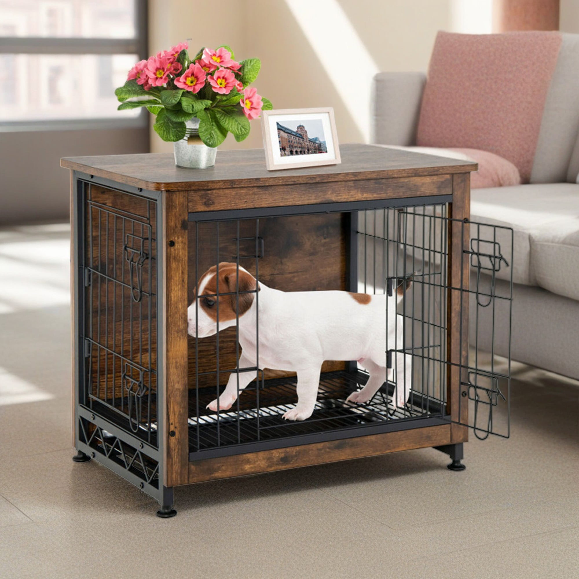 Kadyn 27" Dog Crates for Dogs with Tray and Double Door, Wood Indoor Dog Cages Furniture, Brown