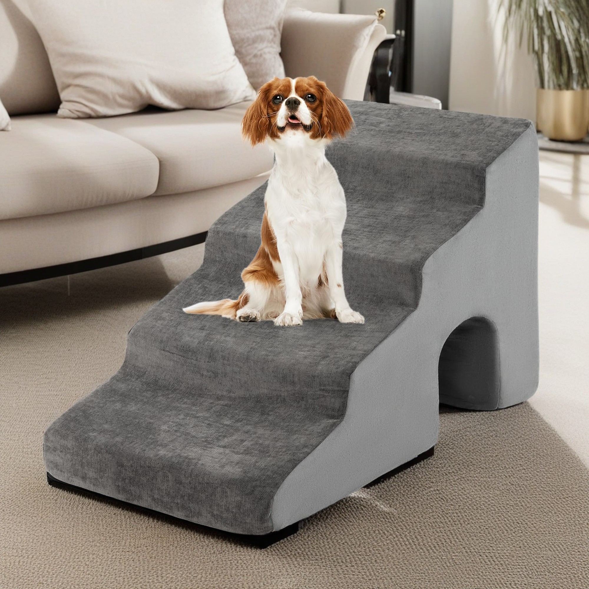 Kadyn 27" Dog Stairs for Small Pets with High-Density Sponge and Silicone Paw Prints, 4-Step Dog Ramp for Beds and Couch, Gray
