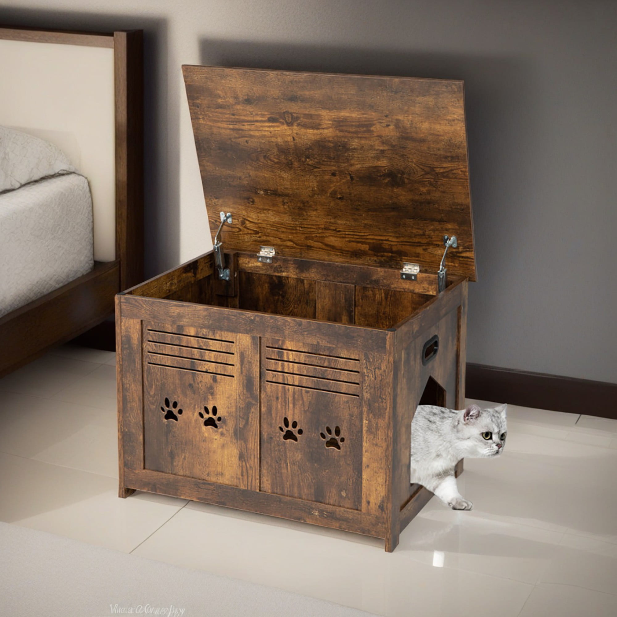 resenkos 27" Flip-Top Hidden Cat House Washroom Furniture, Wood Cat Litter Box Enclosure Cabinet with Side Entrance, Brown