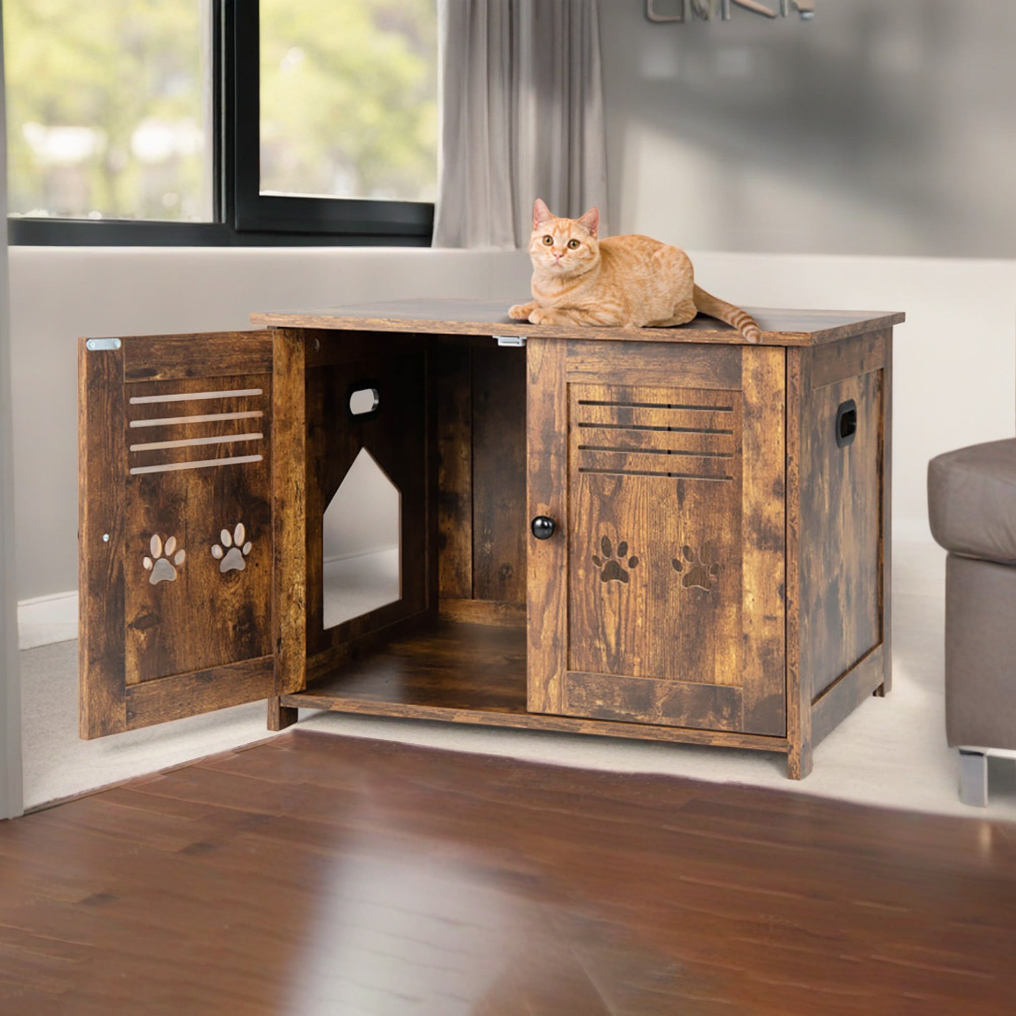 resenkos 27" Hidden Cat House Washroom Furniture with Double Louvered Doors, Wood Cat Litter Box Enclosure Cabinet with Side Entrance, Brown