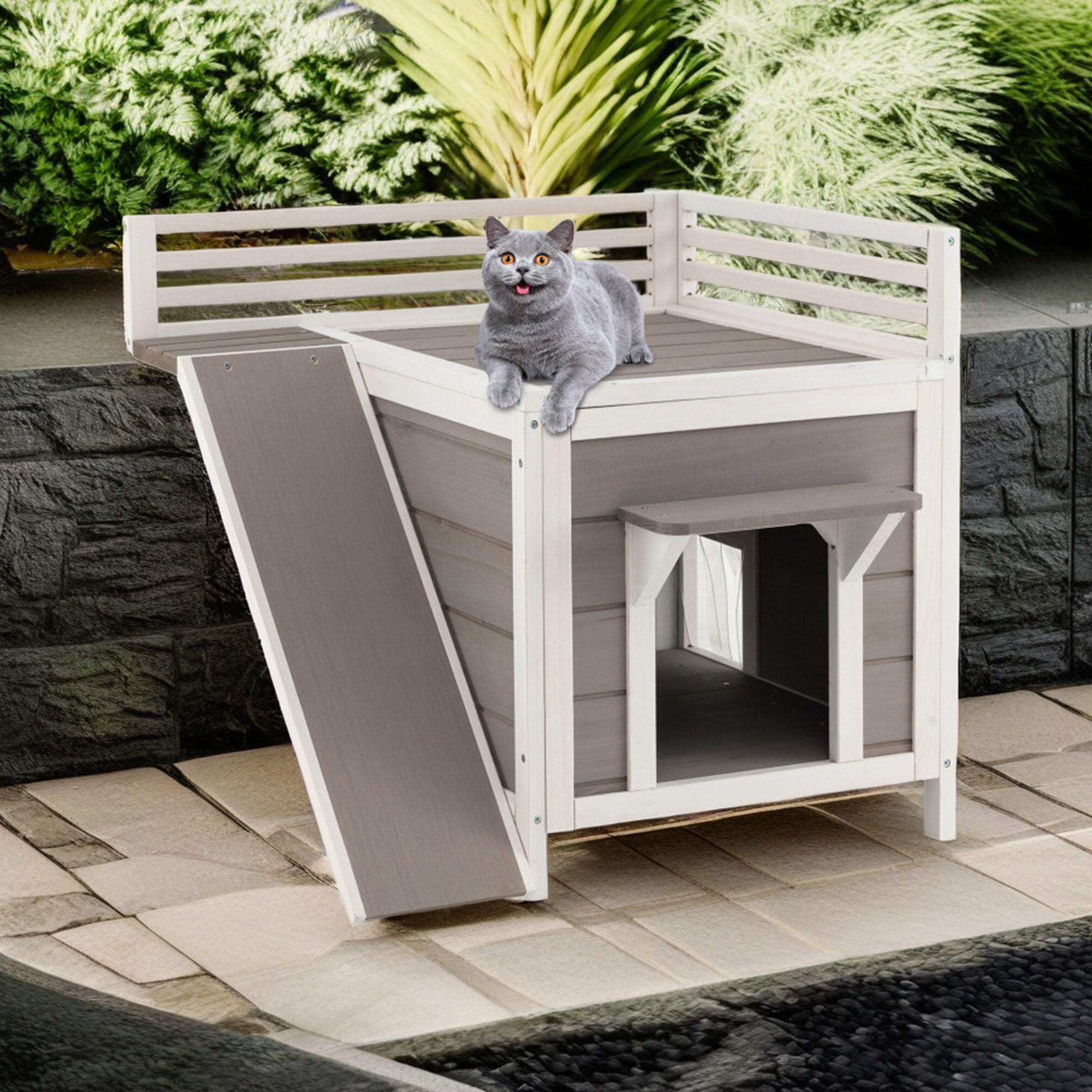 resenkos 27" Outdoor Cat House, Wood Cat Condo for Small Cats, Weatherproof Cat Shelter with Escape Door, Gray