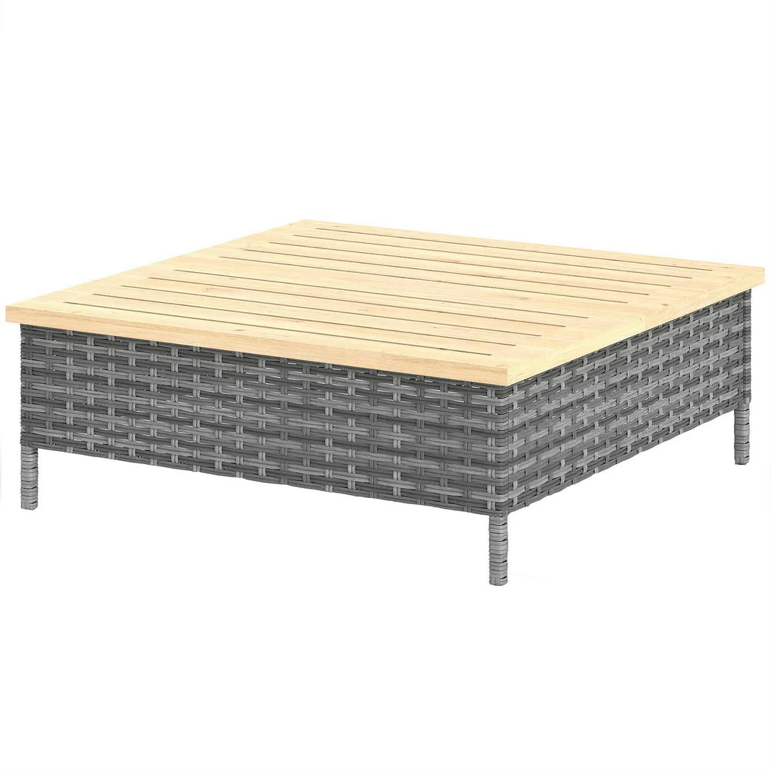 Demi Bonn 27" Rattan Side Table with Natural Fir Wood Top End Table, Weatherproof Outdoor Accent Table for Patio, Deck, Poolside, Gray