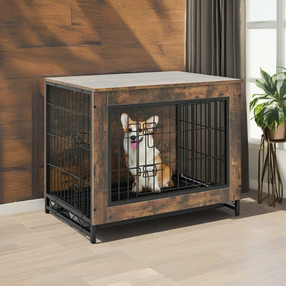 Demi Bonn 27" Wooden Dog Crate Furniture for Indoor Dogs, Dog Kennel with Double Lockable Doors and Removable Tray, Modern Dog Cage for Small/Medium Dogs, Brown