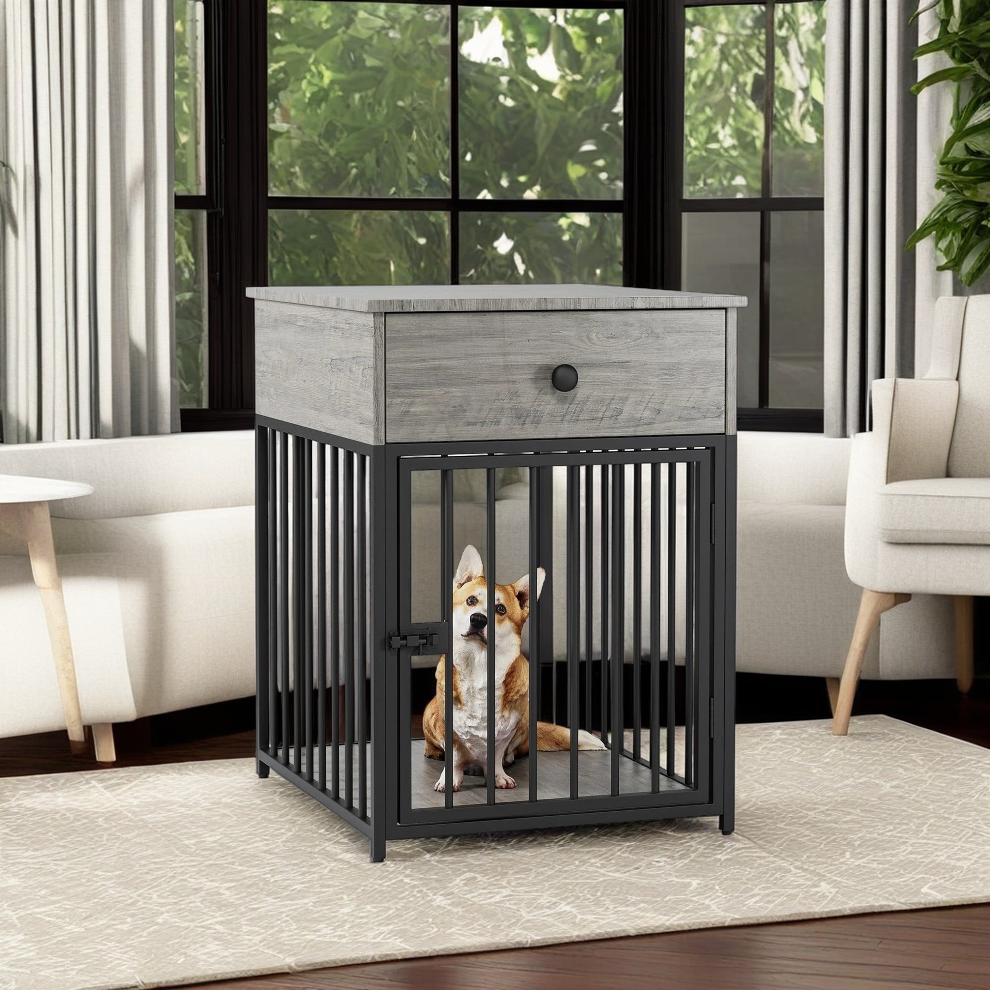 Gray and Black Small Dog Crate Table with Drawer