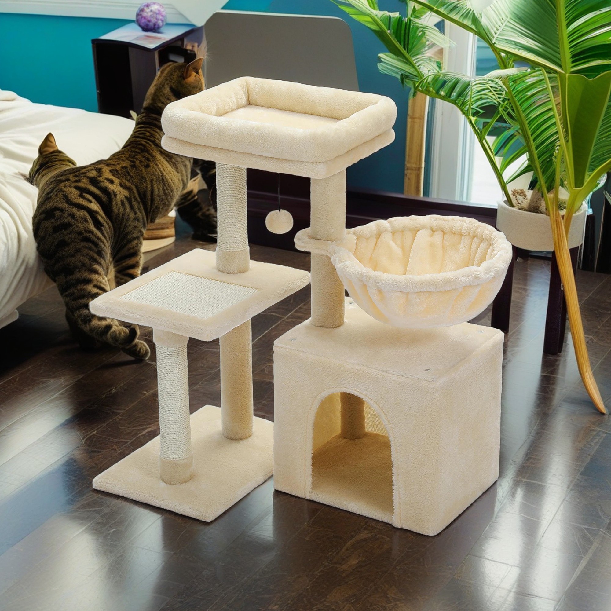 Kadyn 28.5" Cat Tree Tower for Indoor Cats, Cat Condo for Multiple Cats with Ball Activity Centre Kitten Cat Tree House, Beige