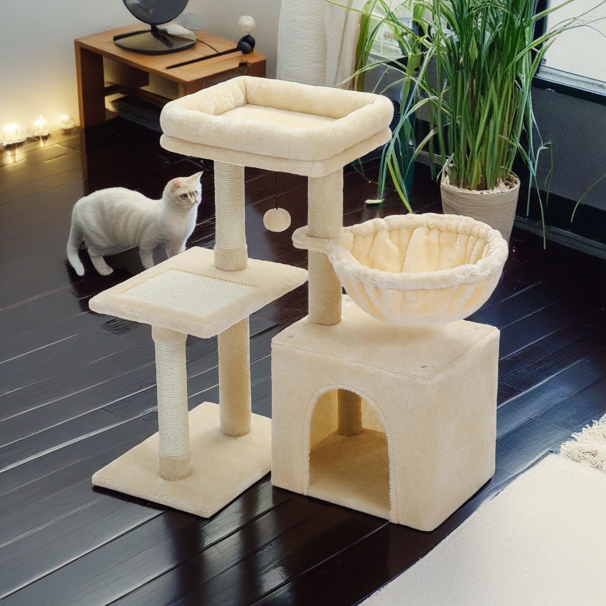 Kadyn 28.5'' Tall Cat Tree Tower, Three Tier Cat Tree House for Indoor Cats Modern Kitten Cat Climbing Tree, Beige