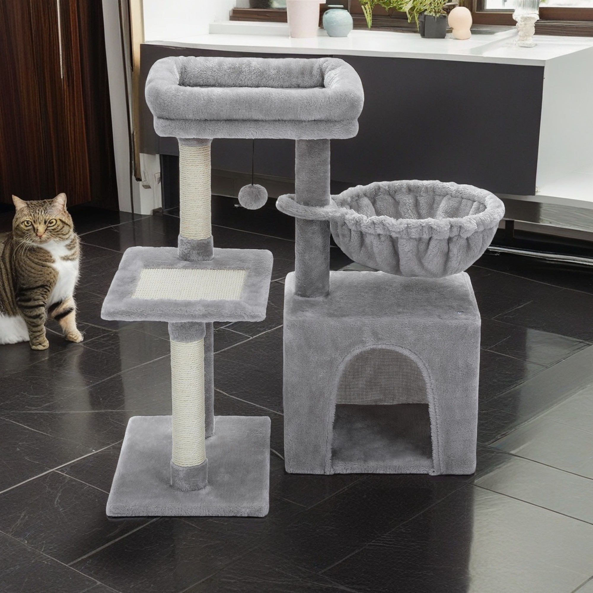 Kadyn 28.5'' Tall Cat Tree Tower, Three Tier Cat Tree House for Indoor Cats Modern Kitten Cat Climbing Tree, Grey