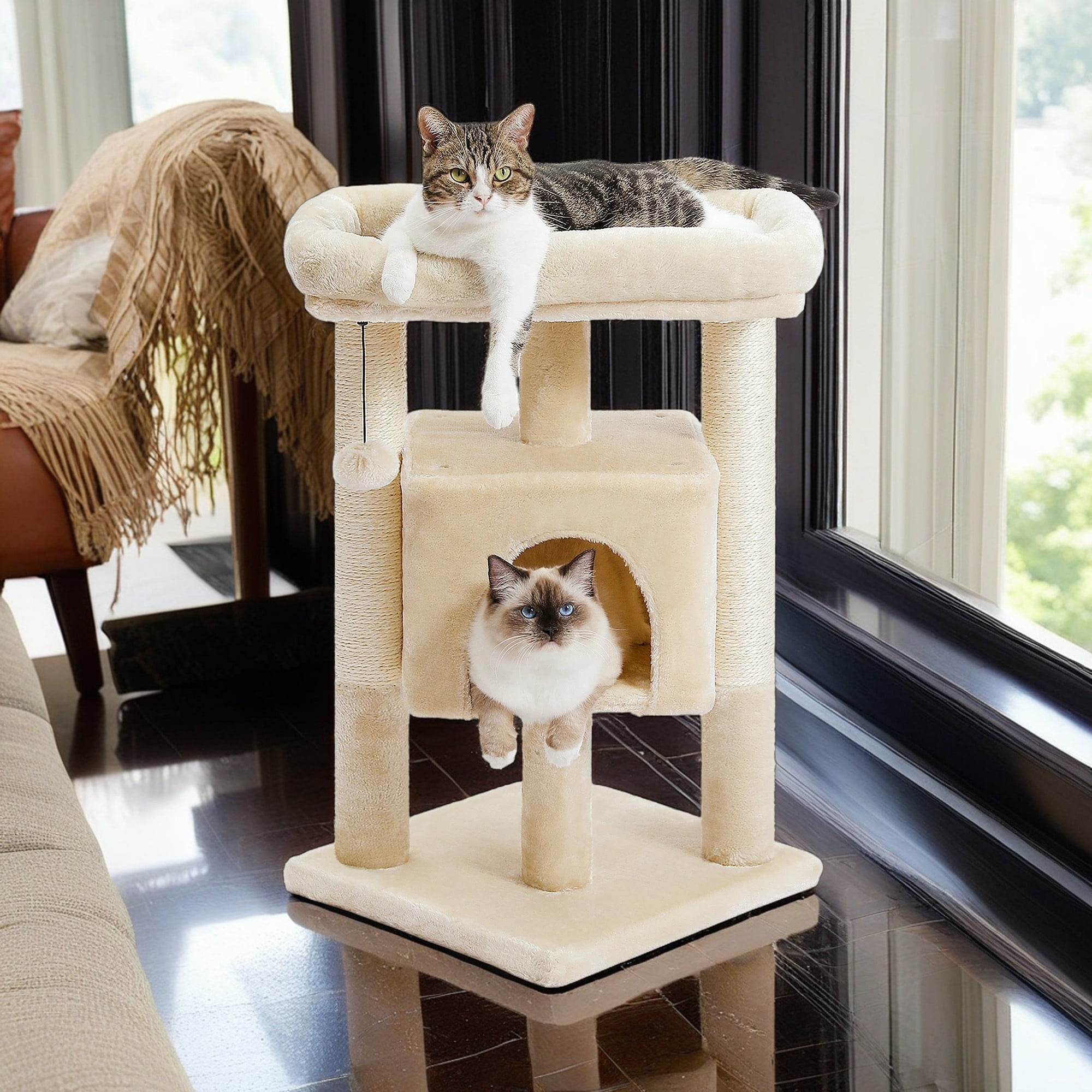 Kadyn 28" Cat Tree Tower for Indoor Cats, Cat Condo Dangling Ball Cat Furniture Activity Center Play House, Beige
