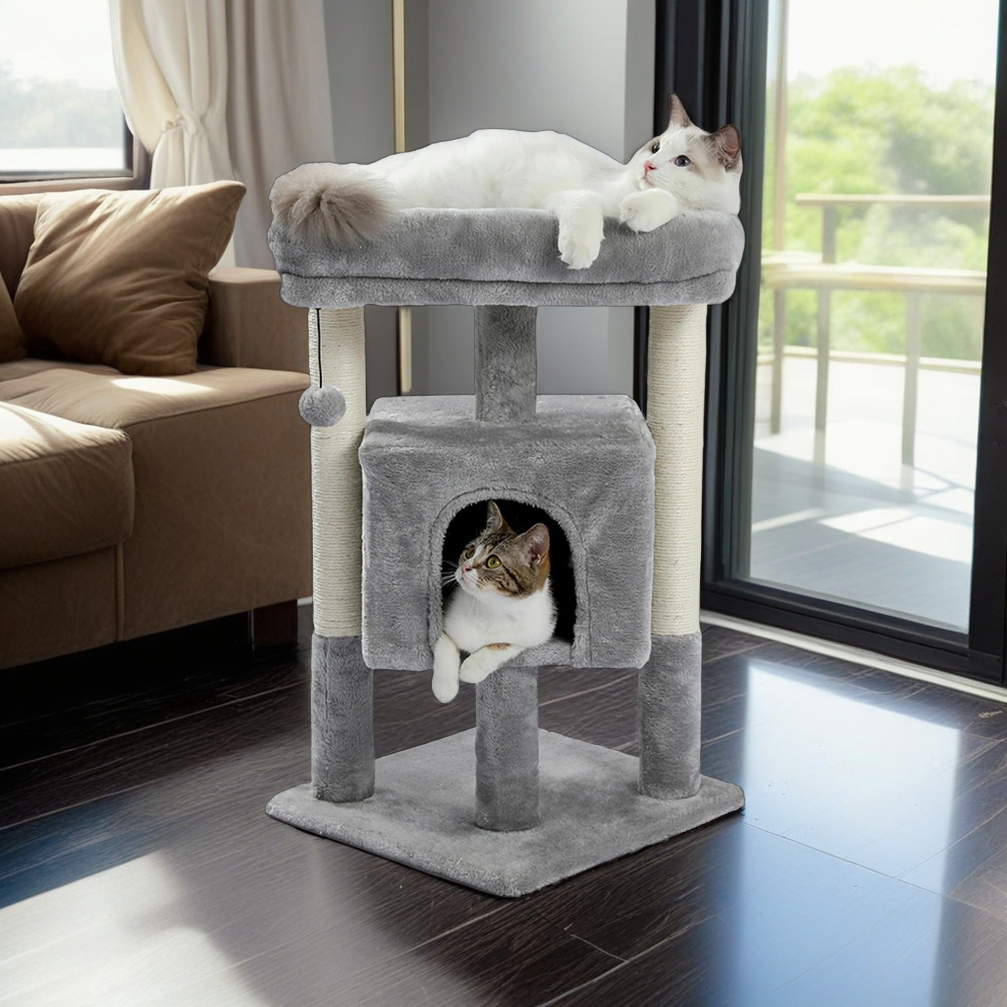 resenkos 28" Cat Tree Tower for Indoor Cats, Cat Condo Dangling Ball Cat Furniture Activity Center Play House, Gray