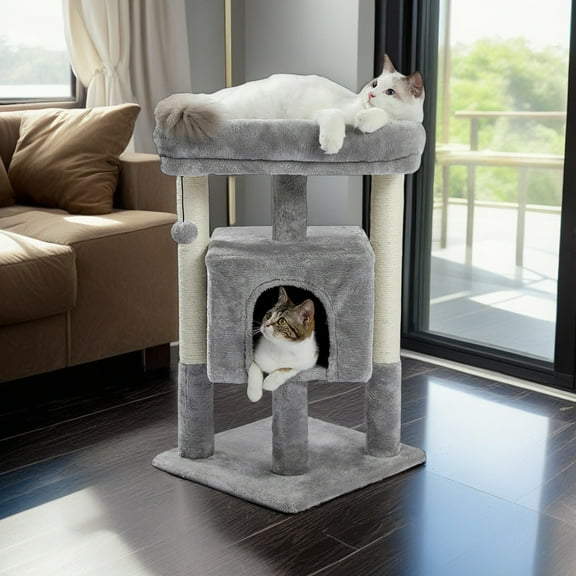 Demi Bonn 28" Cat Tree Tower for Indoor Cats, Cat Condo Dangling Ball Cat Furniture Activity Center Play House, Gray
