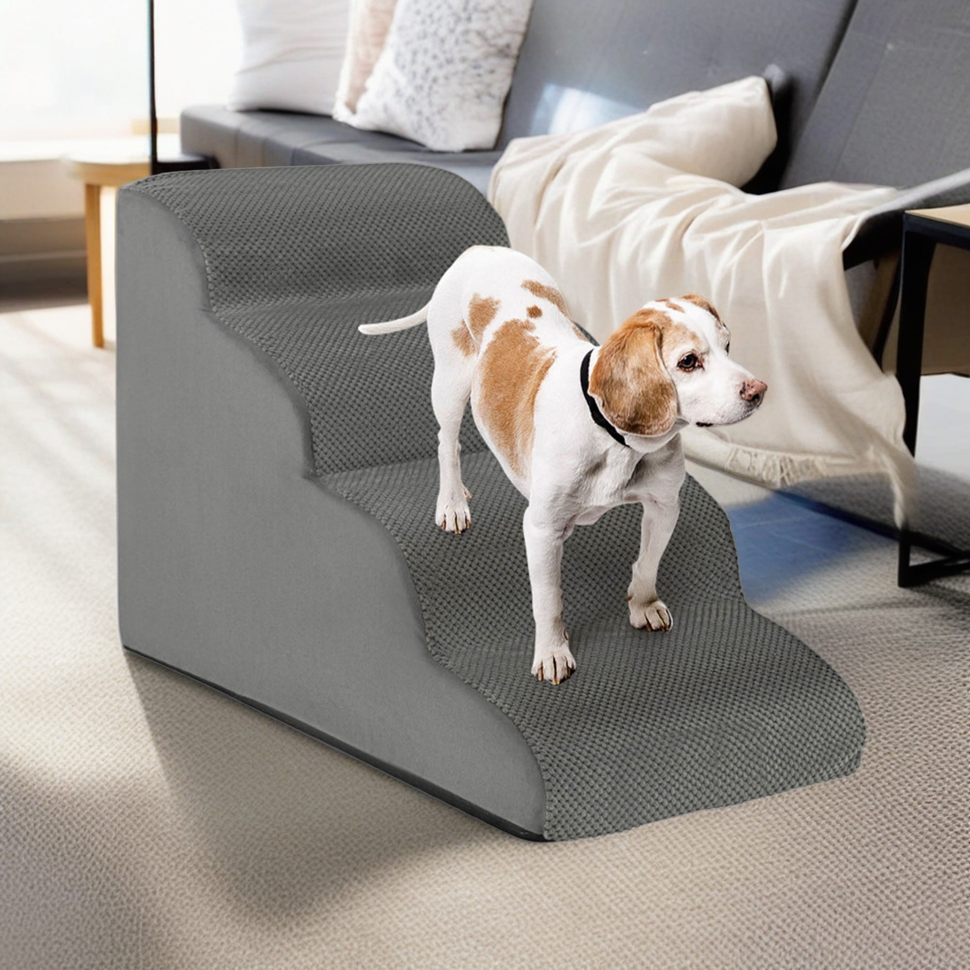 Kadyn 28" Dog Stairs for Small Pets with High-Density Sponge and Silicone Paw Prints, 4-Step Dog Ramp for Beds and Couch, Gray