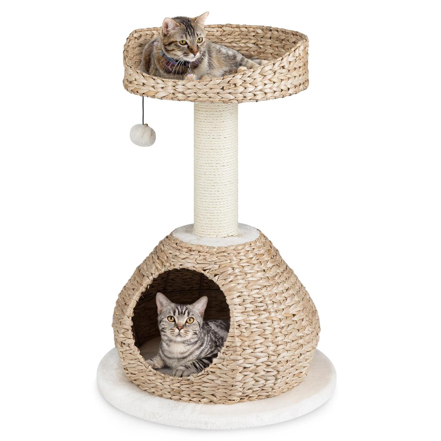 Pefilos 28" Hand-Made Cat Tree, Jump Platform & Sisal Scratching Post, Cat House & Rattan Weave, White