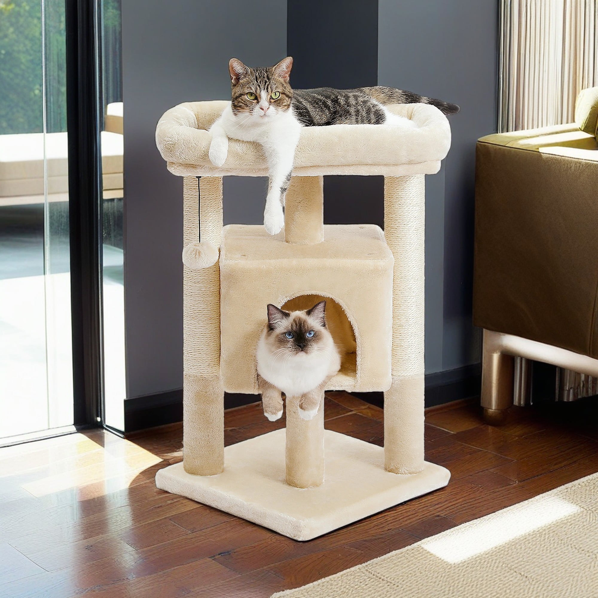 Kadyn 28" Multi-Level Cat Tree Tower Cat Condo with Scratching Posts, Jump Platform Top Perch and Dangling Ball, Beige