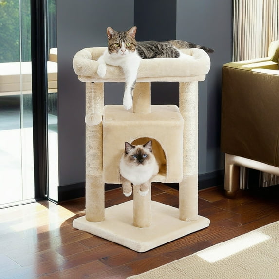 Demi Bonn 28" Multi-Level Cat Tree Tower Cat Condo with Scratching Posts, Jump Platform Top Perch and Dangling Ball, Beige