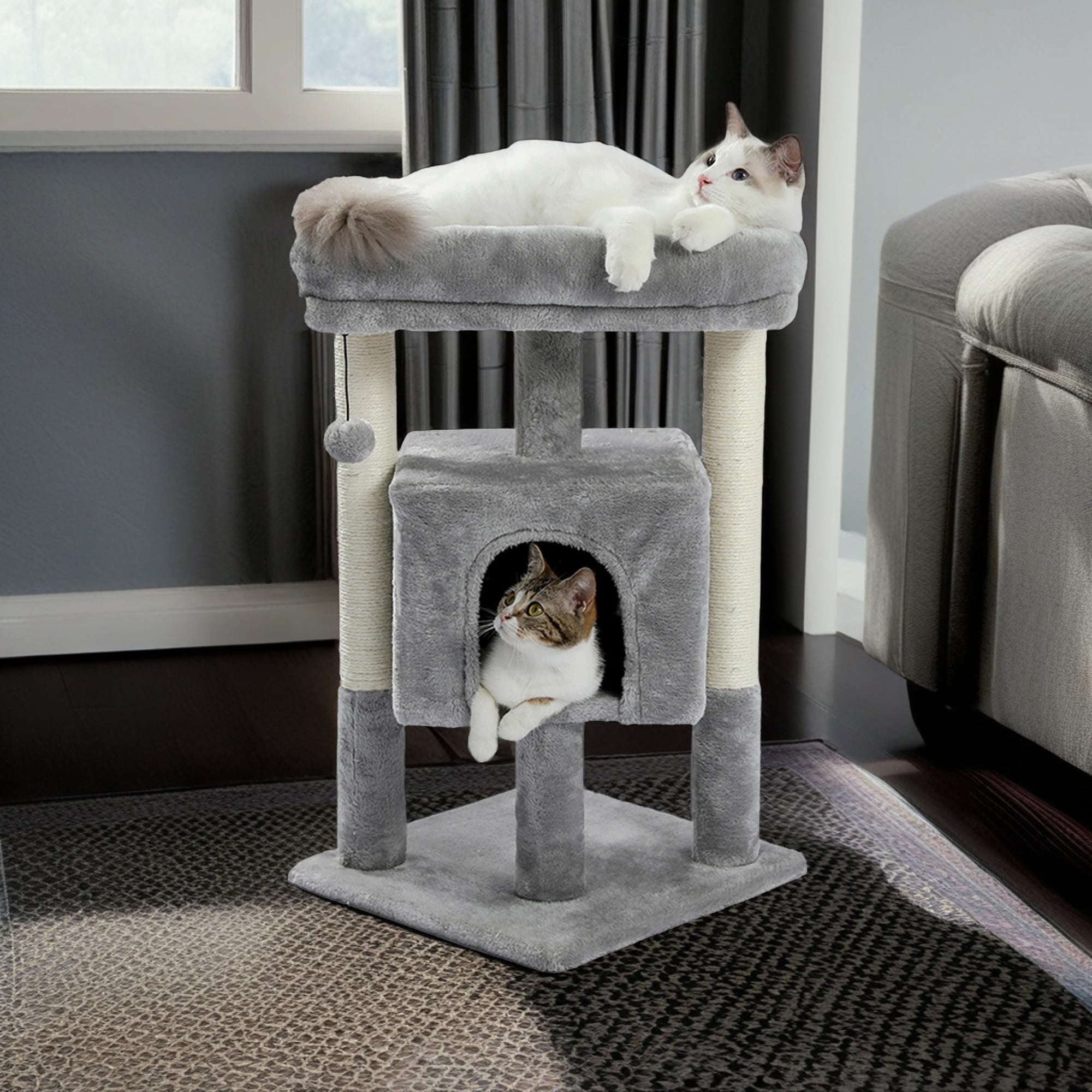 Kadyn 28" Multi-Level Cat Tree Tower Cat Condo with Scratching Posts, Jump Platform Top Perch and Dangling Ball, Gray Kadyn 28" Multi-Level Cat Tree Tower Cat Condo with Scratching Posts, Jump Platform Top Perch and Dangling Ball, Gray