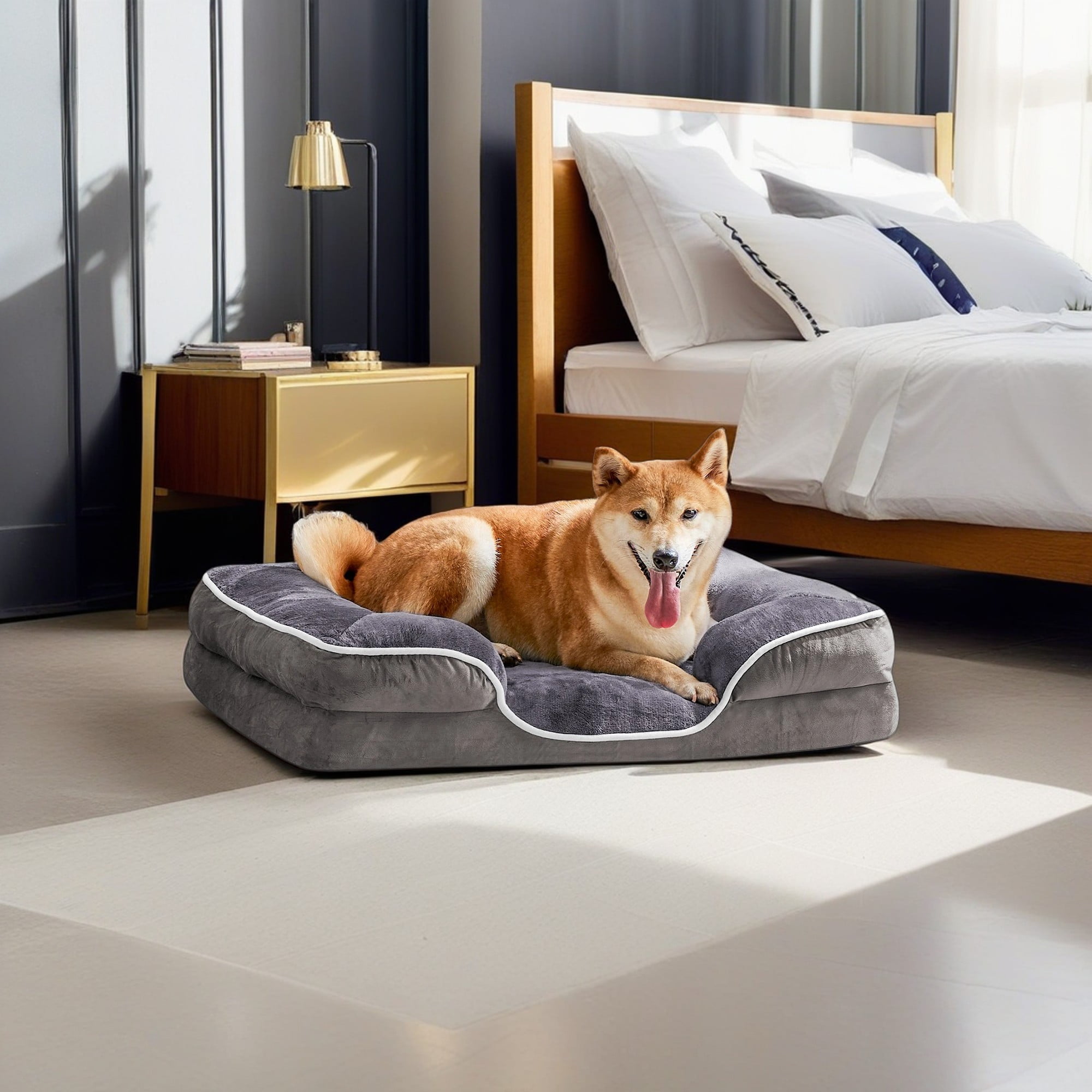 Kadyn 28"x23" Orthopedic Dog Beds, Waterproof Memory Foam Dog Sofa Bed with Sides, Non-Slip Bottom Pet Bed with Washable Removable Cover, Gray