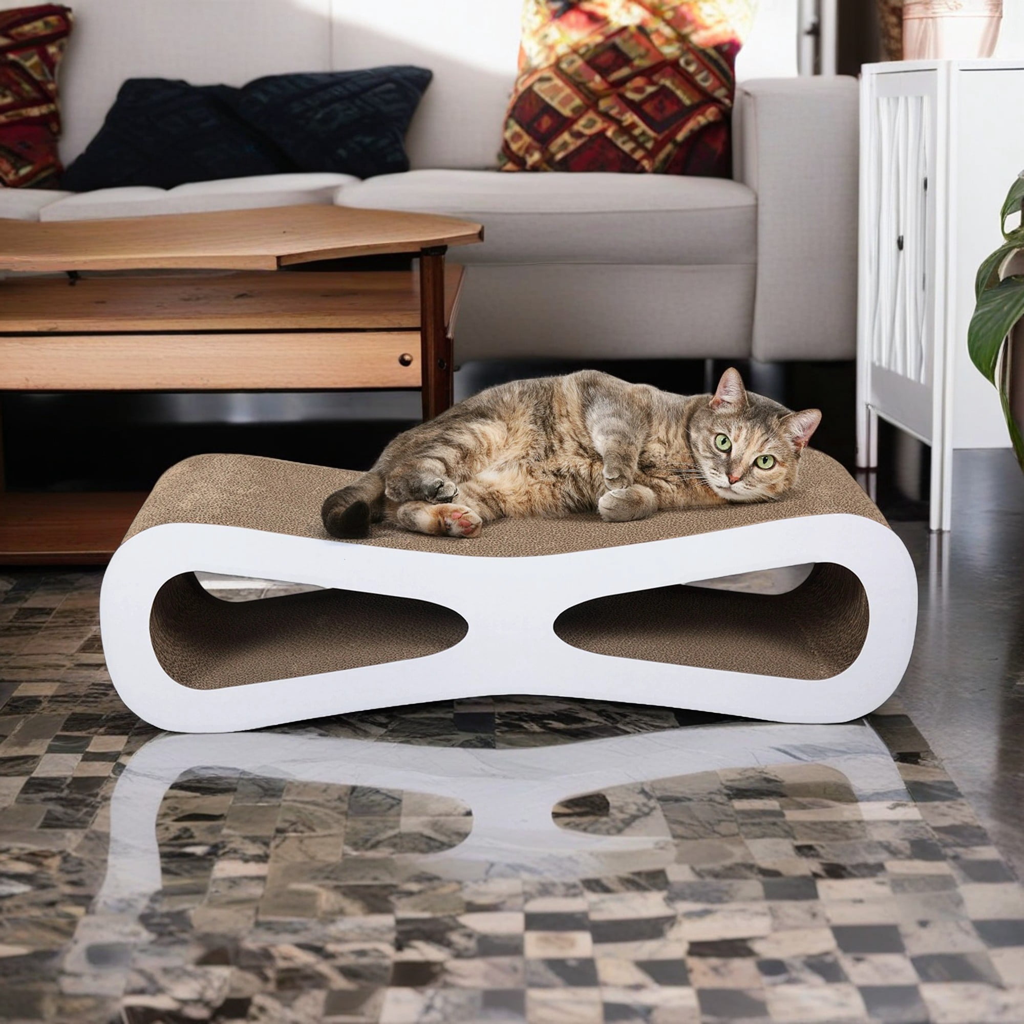 resenkos 29.5" Cat Scratching Pads Board, Cat Scratcher Lounge Reversible Infinity Scratch Made from Recycled Corrugated Cardboard, White