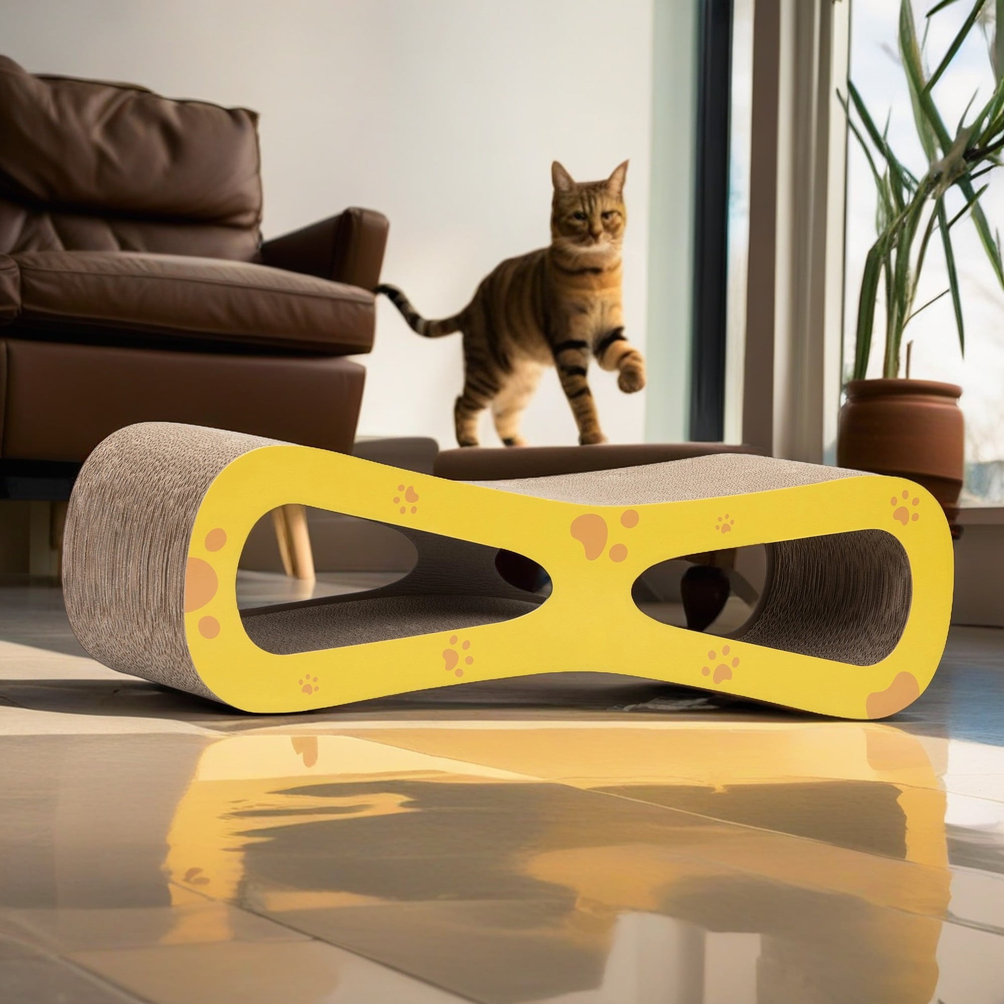 resenkos 29.5" Cat Scratching Pads Board, Cat Scratcher Lounge Reversible Infinity Scratch Made from Recycled Corrugated Cardboard, Yellow