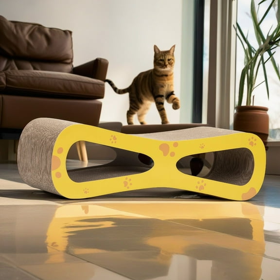 Demi Bonn 29.5" Cat Scratching Pads Board, Cat Scratcher Lounge Reversible Infinity Scratch Made from Recycled Corrugated Cardboard, Yellow