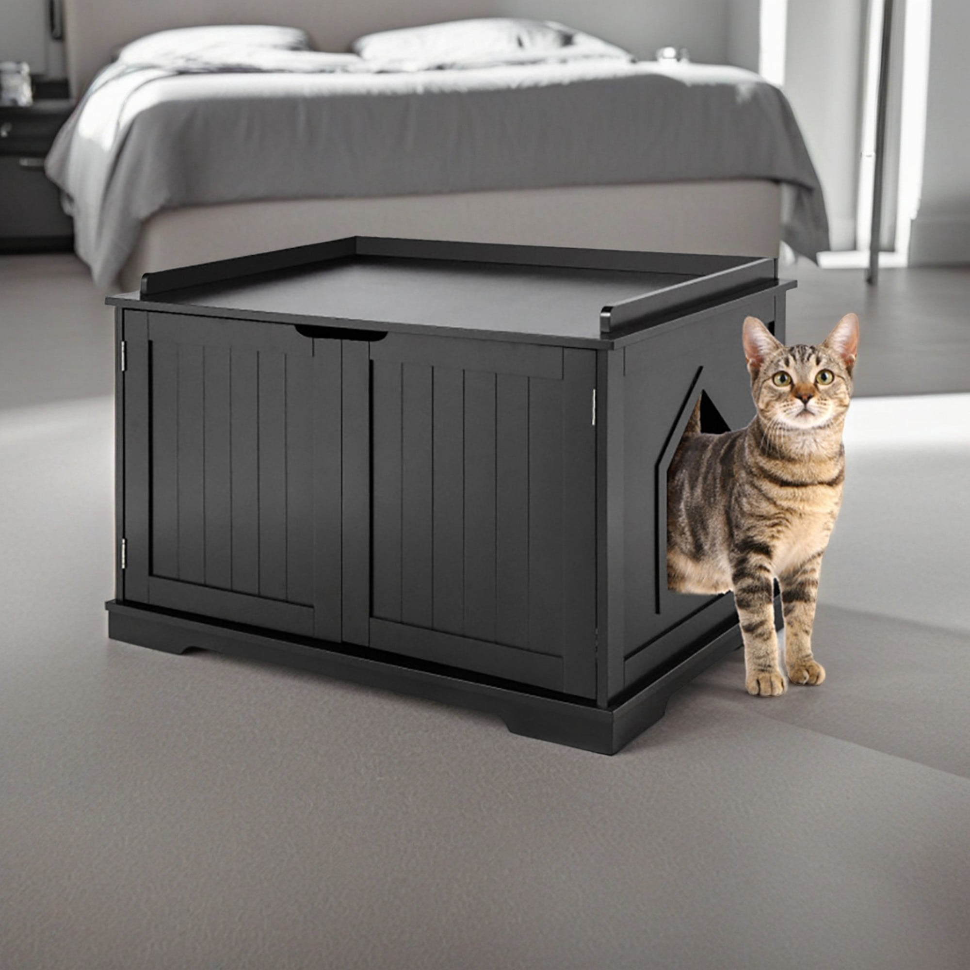 resenkos 29" Cat Litter Box Enclosure with Double Doors for Large Cat and Kitty, Hidden Cat House Washroom Furniture, Black