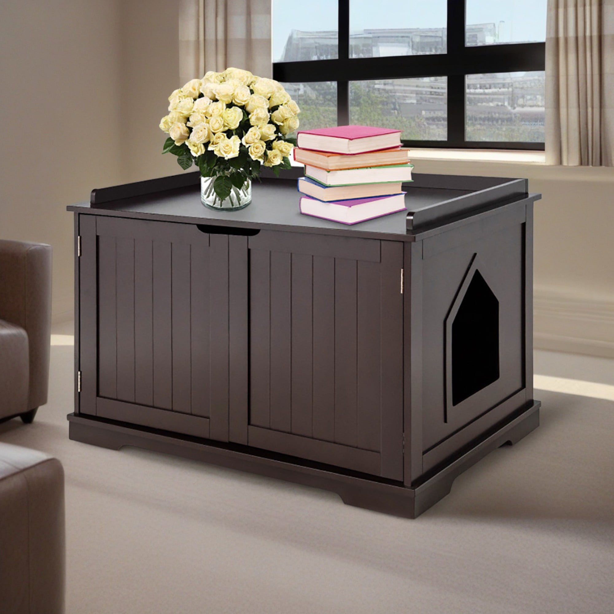 Kadyn 29" Cat Litter Box Enclosure with Double Doors for Large Cat and Kitty, Hidden Cat House Washroom Furniture, Brown