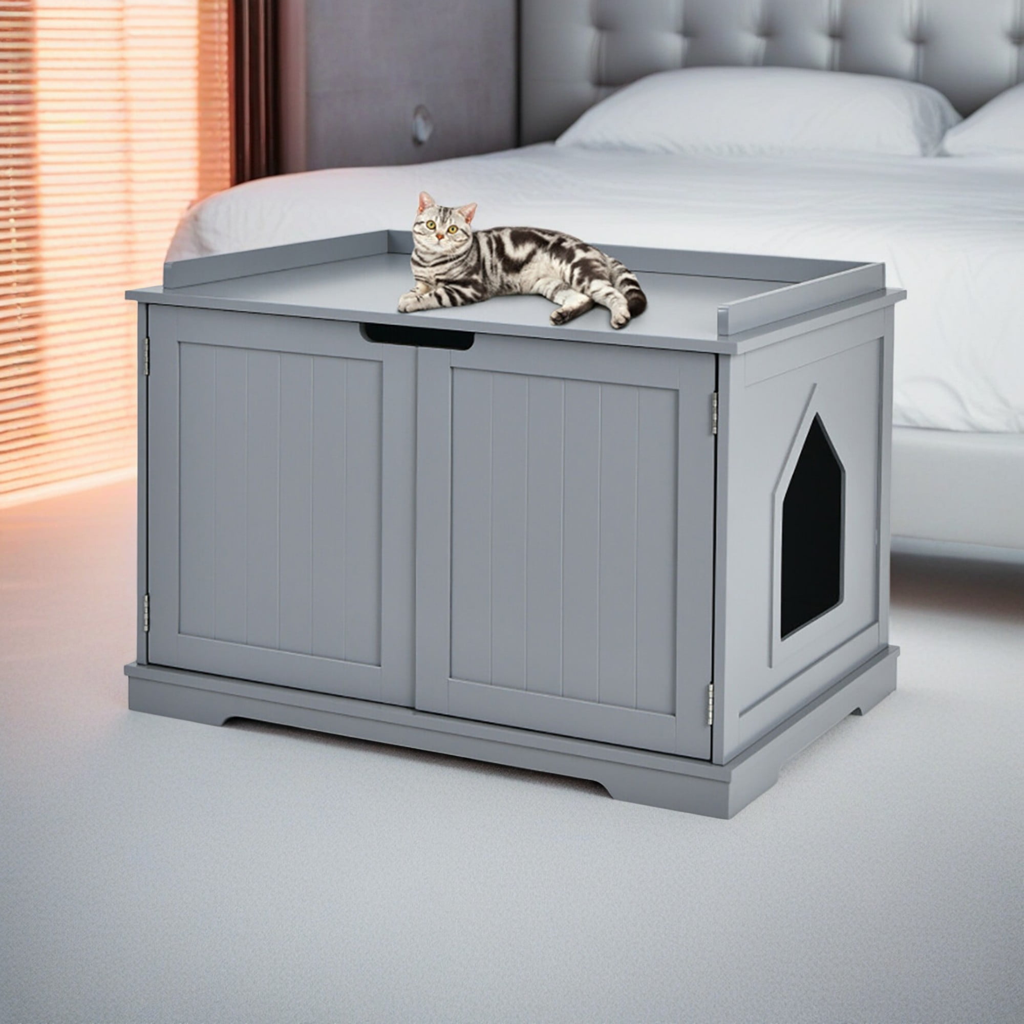 Kadyn 29" Cat Litter Box Enclosure with Double Doors for Large Cat and Kitty, Hidden Cat House Washroom Furniture, Gray