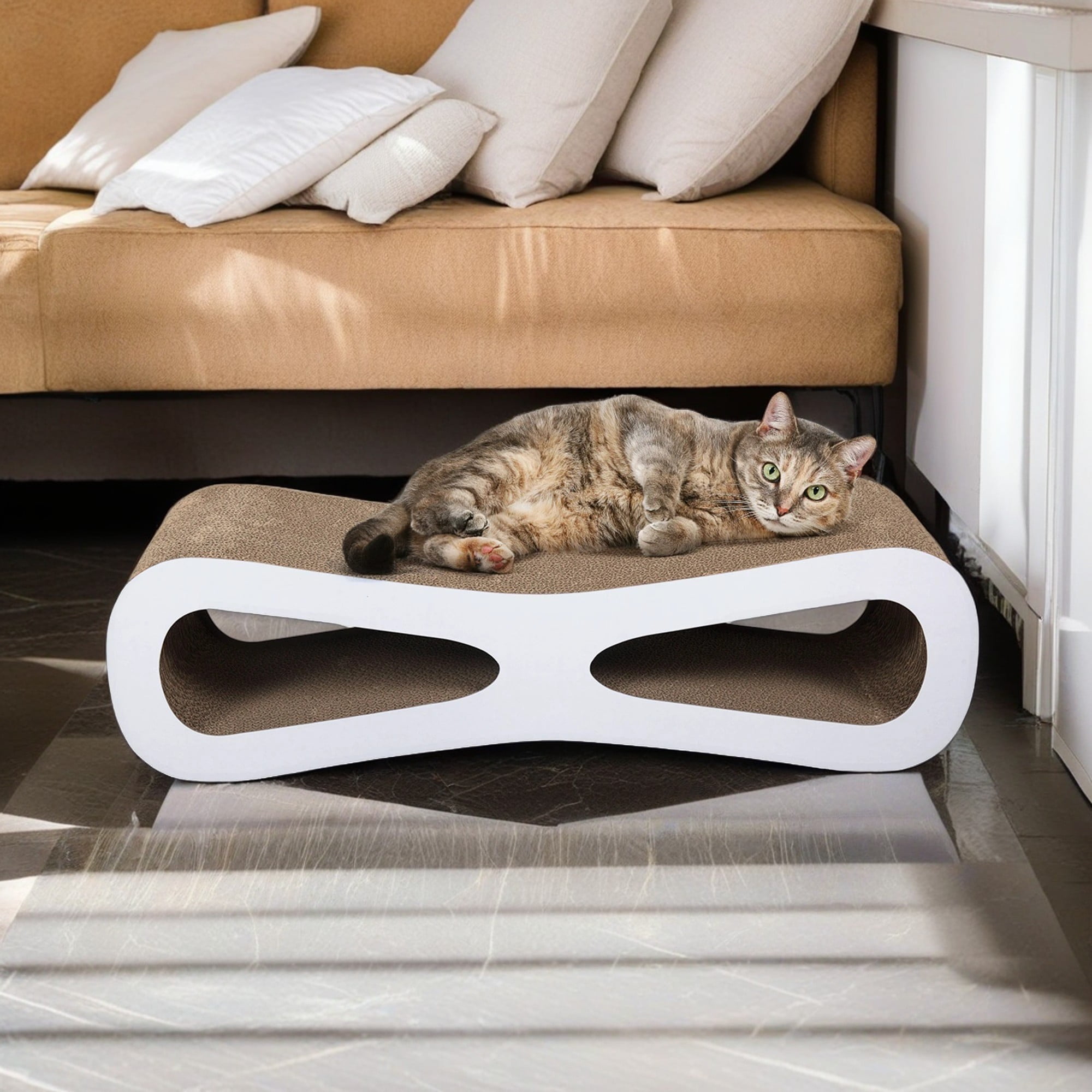 Kadyn 29" Cat Scratcher Lounge, Reversible Infinity Scratch Made from Recycled Corrugated Cardboard, Cat Scratching Pads Bed, White
