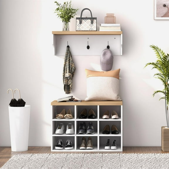 Demi Bonn 29" Coat Rack Shoe Bench Set with 5 Hooks Hall Tree Storage for 9 Pairs Shoes, Entryway Organizer with Bench and Rack, White