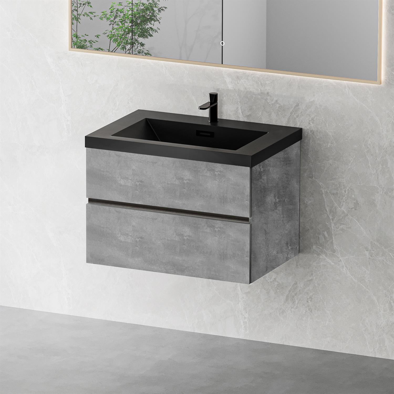 Demi Bonn 29" Floating Bathroom Vanity with Sink, Black Quartz Sand Top Basin and 2 Soft Close Drawers, Faucets and Drains Not Included, Gray
