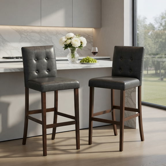 Demi Bonn 29 Inch PVC Leather Bar Stools Set of 2 with Solid Wood Legs, Upholstered Bar Chairs for Kitchen Island Home Pub, Waterproof Surface, Black