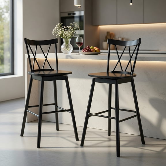 Demi Bonn 29 Inch Windsor Bar Stools Set of 2, Ergonomic Backrest with Footrests, Farmhouse Barstools, Black