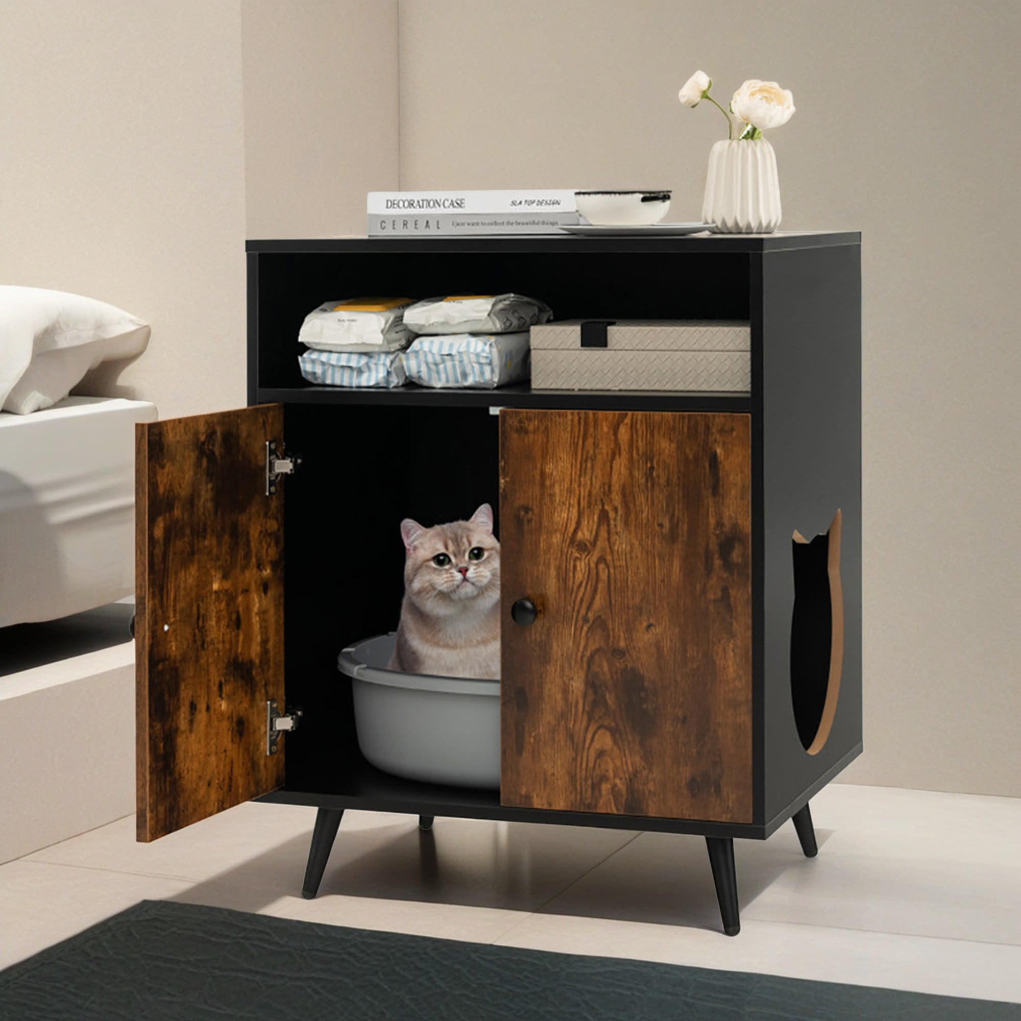 Kadyn 29" Indoor Wood Cat Houses, Hidden Cat Litter Box Enclosure with Entry and Open Compartment, Cat Condo Furniture Kitty, Black