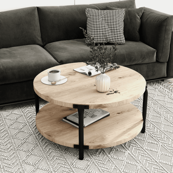 Demi Bonn 29" Modern Round Coffee Table with Open Storage, Suitable for Living Room and Study Room, Beige