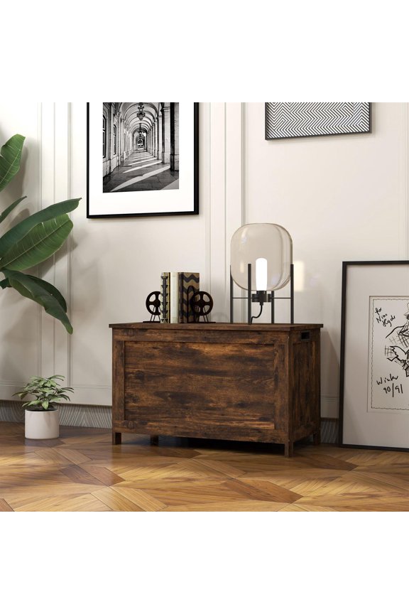 29" Storage Trunk with 2 Safety Hinges, Wooden Storage Bench w/ Side Handles, Storage Chest for Playroom, Brown