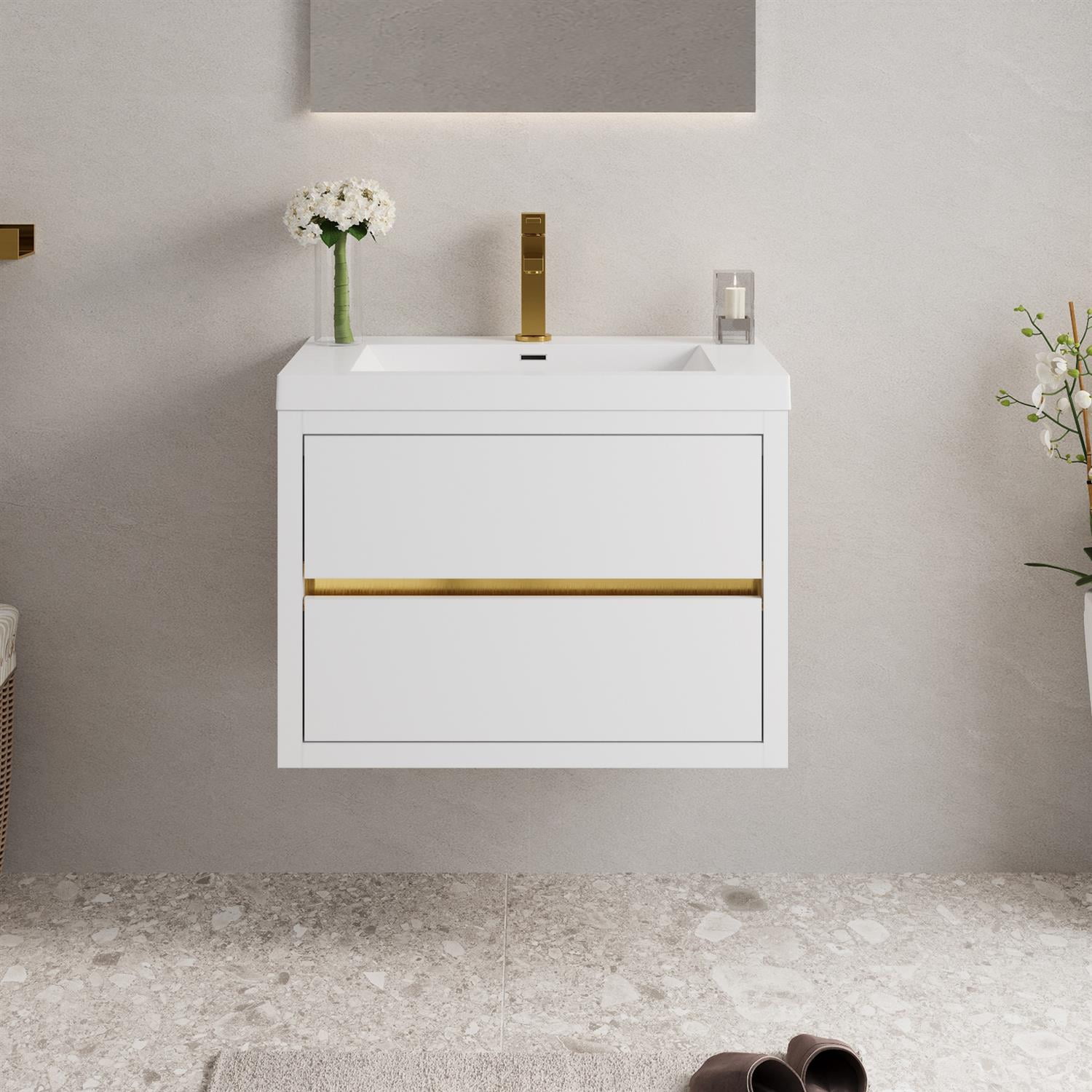 Demi Bonn 29" Wall-Mounted Bathroom Vanity with Sink, Stone Resin Countertop and 2 Soft Close Drawers, Faucets and Drains Not Included, White