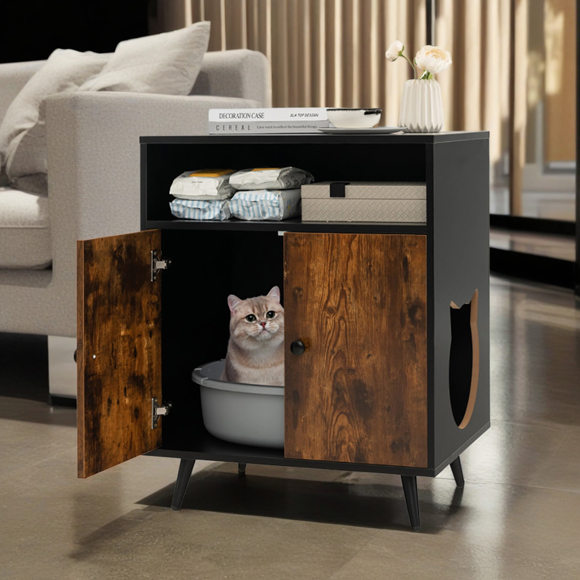 resenkos 29" Wood Hidden Cat Litter Box Enclosure with Entry and Open Compartment, Cat Houses Condo Furniture Cabinet, Black