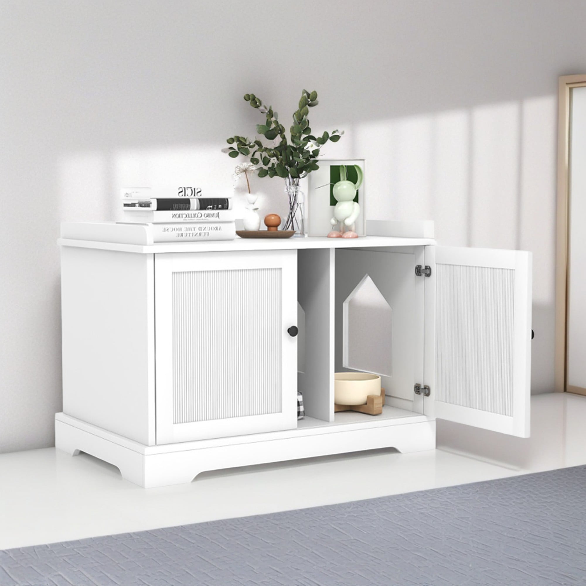 Kadyn 29" Wooden Cat House with Scratching Pad and Adjustable Divider, Cat Litter Box Furniture Hidden, Cat Washroom Enclosure, White
