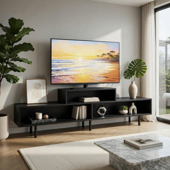 Demi Bonn 3-Cubby TV Stand, 70" TV Compatible, Open Storage Compartments, Black
