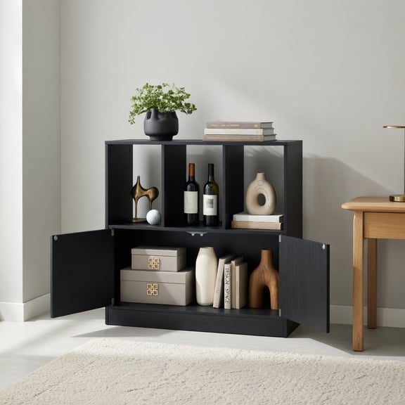 Demi Bonn 3-Cube Bookcase with Doors, 3-Tier Cubic Bookshelf with Open Compartments and Cabinet, Storage for Home Office, Black