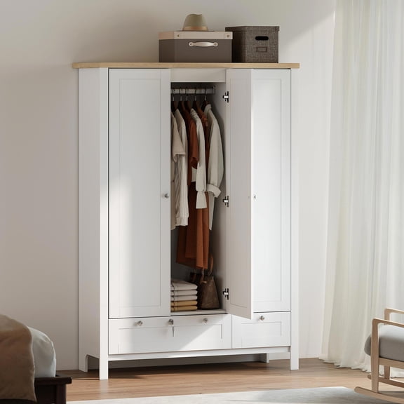 Demi Bonn 3-Door Closet Wardrobe with Lockable Drawers, Armoire for Bedrooms, Storage Shelves & Hanging Rod for Organizing Clothes and Accessories, White
