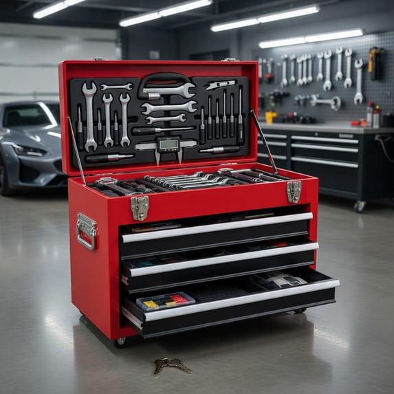 Demi Bonn 3-Drawer Rolling Portable Mechanic Tool Cabinet with Top Accessory Tray, Heavy Steel Powder Coated Storage Box, Red & Black