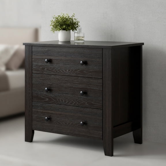 Demi Bonn 3-Drawer Wide Dresser Chest, Engineered Wood & MDF Material, Smooth Metal Slide Rails, Dark Brown