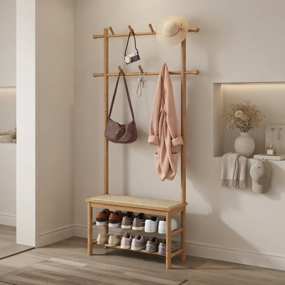 Demi Bonn 3-In-1 Bamboo Hall Tree, Coat Rack with Shoe Bench & Open Shelves, PE Rattan, Brown