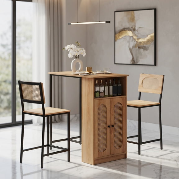Demi Bonn 3-Piece Bar Table Set,3-Level Adjustable Shelf 2 Stools,Footrests,Natural