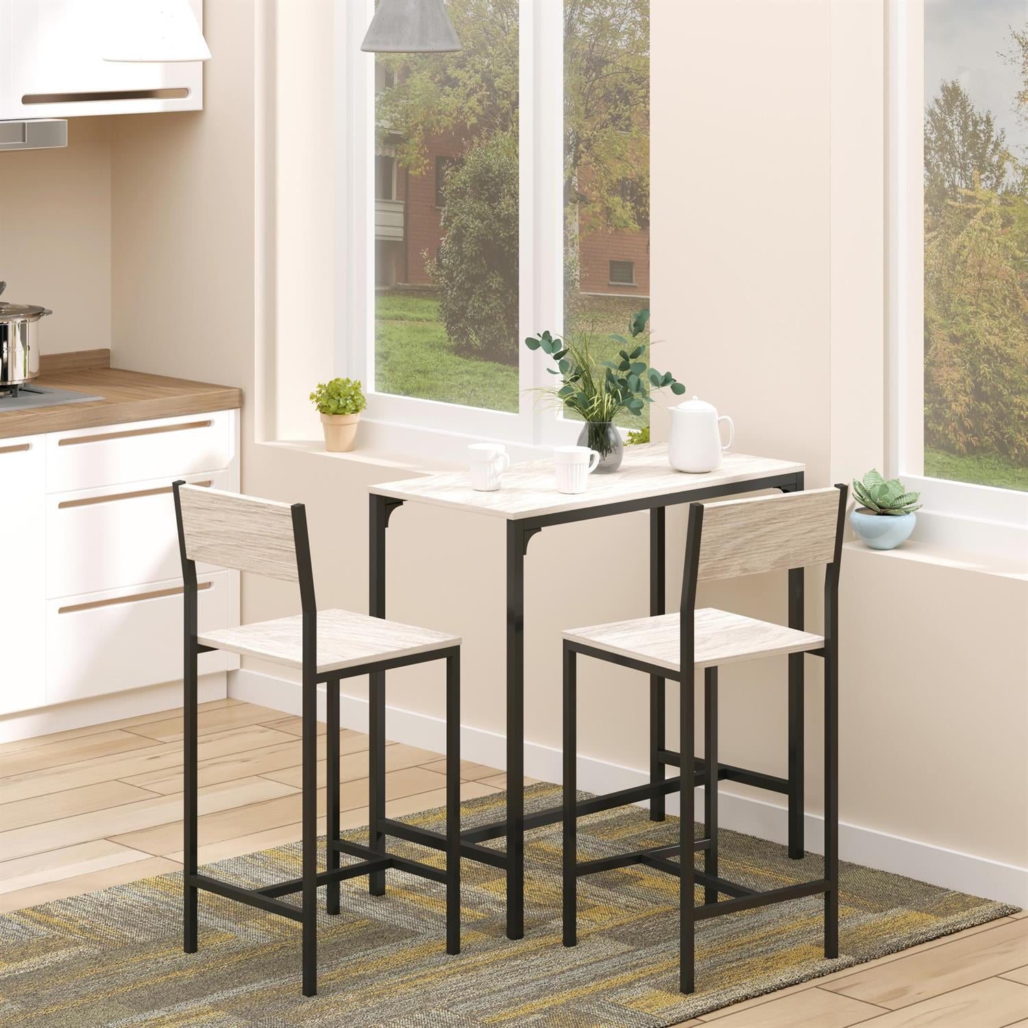 Demi Bonn 3-Piece Industrial-Style Bar Table Set, Counter Height for Compact Spaces, Bar Stools Included, Modern Dining Set for 2, Beige