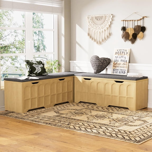 Demi Bonn 3-Piece L-Shaped Multifunctional Storage Bench with Padded Shoe Bench, Kitchen Corner Stool Toy Storage Box Reading Nook Seat, 63"D x 63"W x 19.1"H, Brown