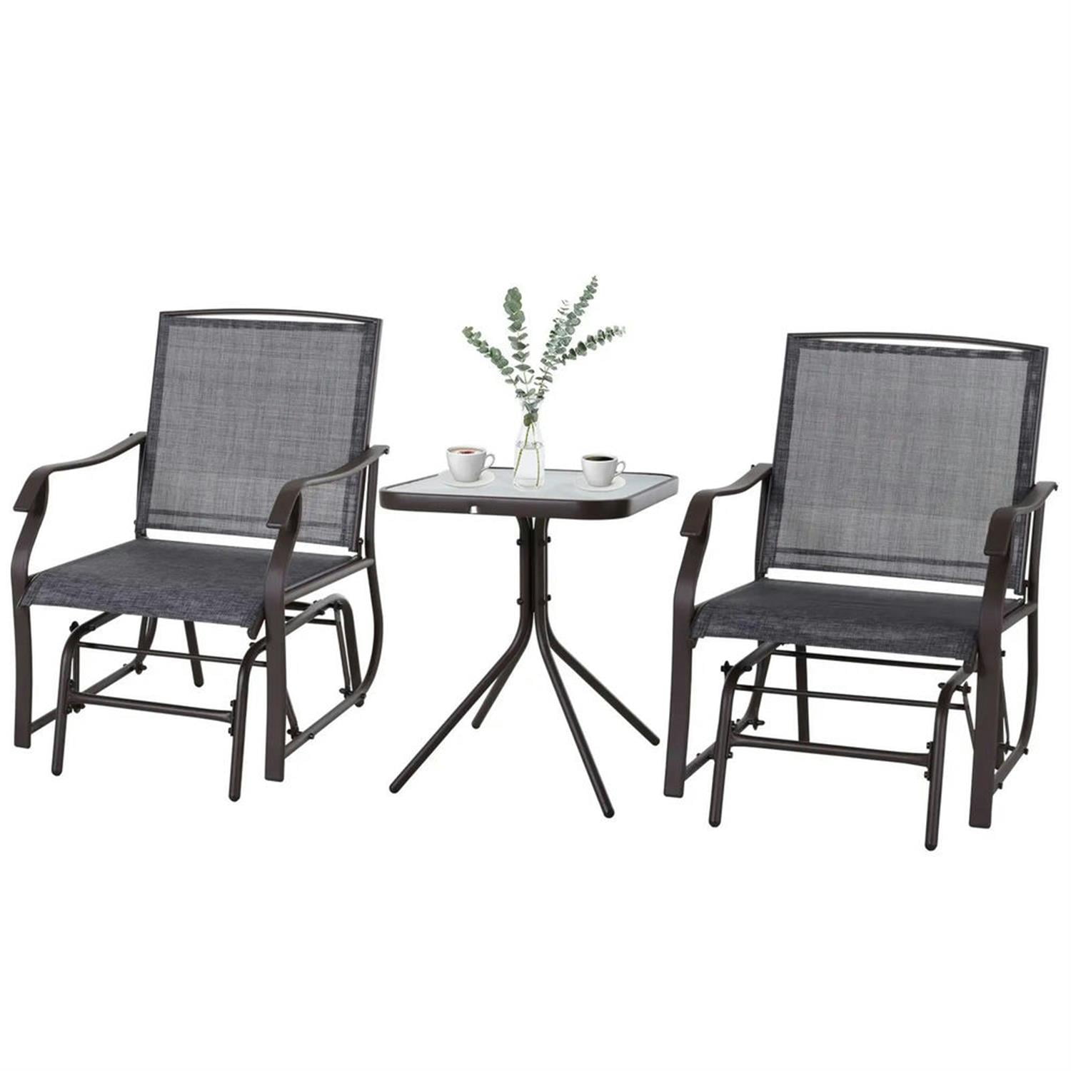 Demi Bonn 3-Piece Outdoor Glider Set with 2 Rocking Chairs, Breathable Sling Fabric, Glass Table, Ideal for Backyard, Garden, Porch, Gray