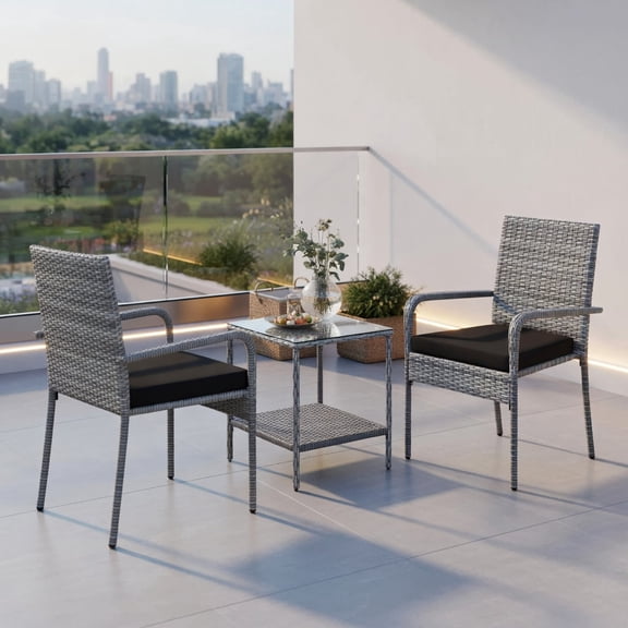 Demi Bonn 3-Piece PE Rattan Patio Furniture Set with Black Cushions, Tempered Glass Side Table, and Heavy-Duty Metal Frame for Balcony, Porch or Backyard, Gray