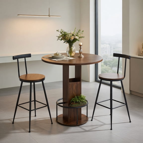 Demi Bonn 3-Piece Walnut Wood Bar Table Set with 2 Stools, 31.5 Round Mid-Century Modern Dining Table and Metal Ring Footrest Bar Stools for Kitchen, Living Room, Cafe and Small Spaces, Walnut